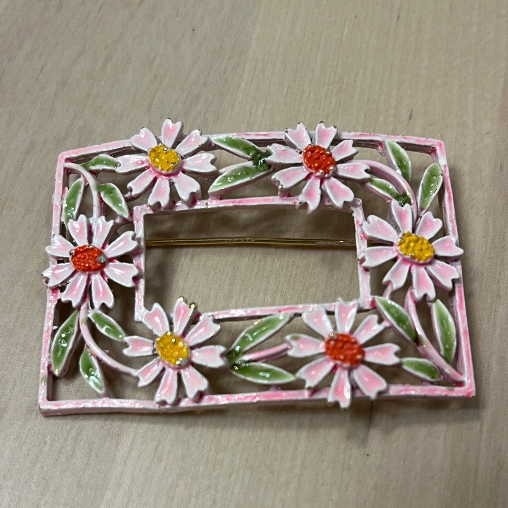 Vintage Signed ART Arthur Pepper Enamel 1960’s Pink Floral Rectangle Brooch Pin
